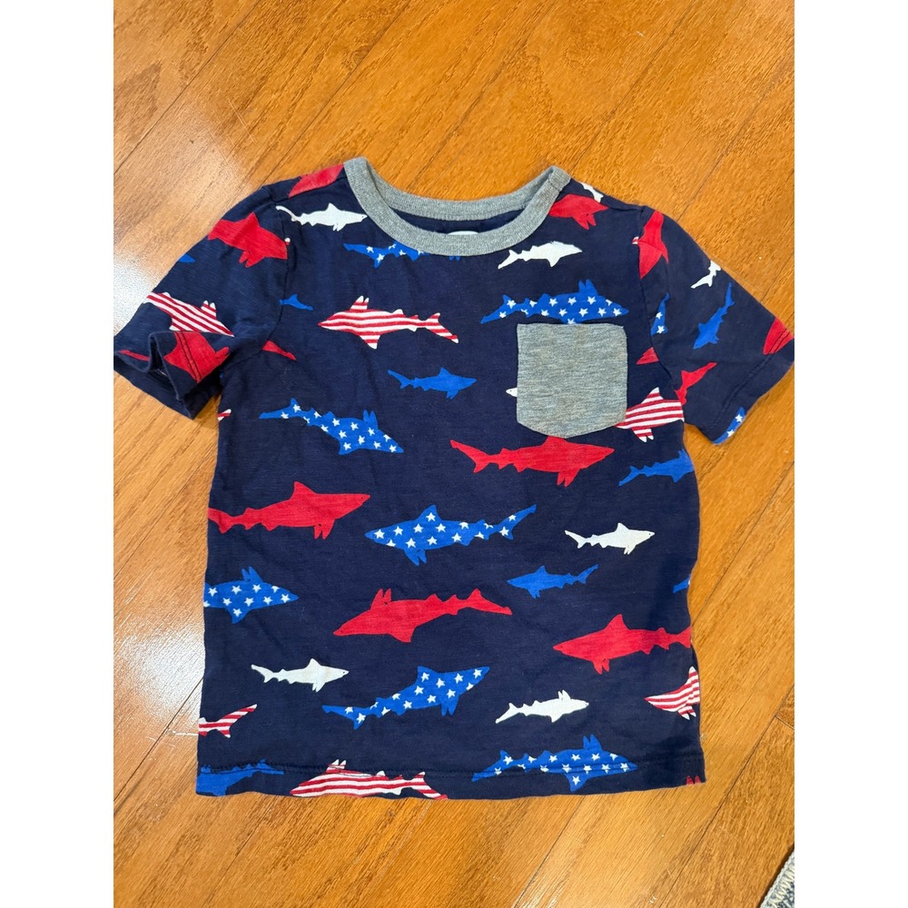 Old Navy Boys 4T Patriotic Shark Print Pocket Tee Navy Blue 4th of July Shirt